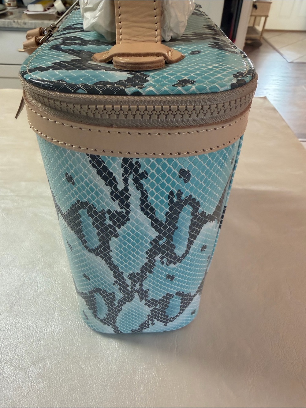 Consuela Turquoise Snake-Print Cosmetic Case with Tan Trim - Picture 2 of 9